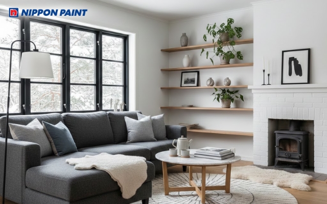 Tường trắng, sofa xám, sàn gỗ tự nhiên tạo cảm giác rộng và thoáng