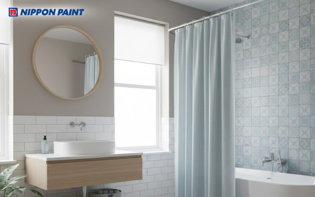 Phòng tắm sơn tường màu xám ấm giữ sự sạch sẽ nhưng không quá lạnh