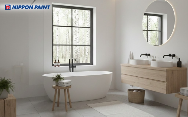 Phòng tắm sơn tường màu trắng theo phong cách Bắc Âu sạch sẽ và hiện đại