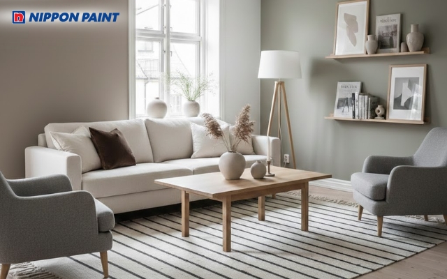 Phòng khách sơn tường màu xám ấm tinh tế, tự nhiên