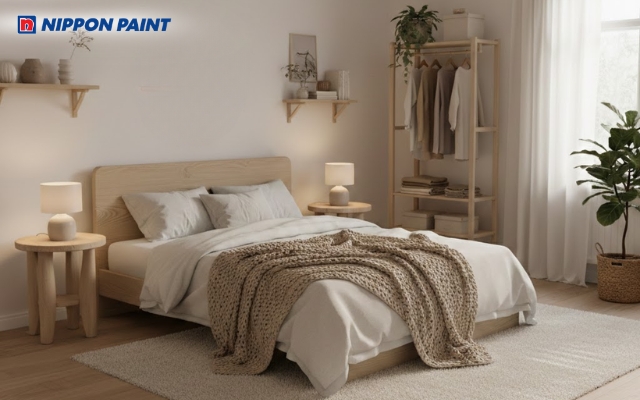 Phòng ngủ màu trắng kem tạo cảm giác ấm áp và thư giãn