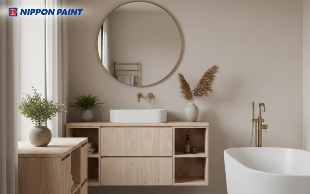 Phòng tắm sơn tường màu be nhạt mang lại cảm giác ấm và thư giãn hơn