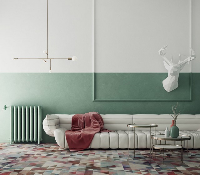 Ý tưởng thiết kế phòng khách sơn màu xanh lá kết hợp màu trắng (Màu Green Drift 60B-3D)