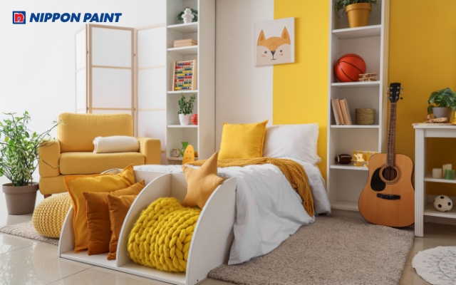 Phòng ngủ tông vàng theo phong cách tinh nghịch, trẻ trung