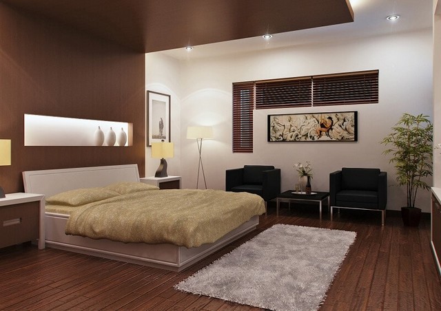 Thiết kế phòng ngủ tường màu be phối hợp cùng tường và sàn nhà màu nâu gỗ đậm