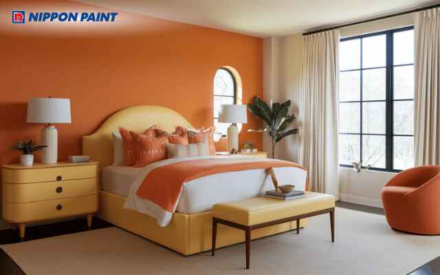 Phòng ngủ phối màu cam với trắng tạo không gian sáng, năng động và hiện đại