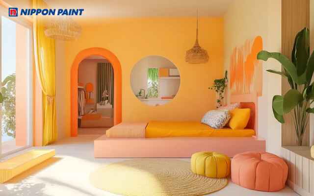 Mẫu phòng ngủ cam và vàng kết hợp ánh sáng tự nhiên, nội thất sang trọng hài hòa