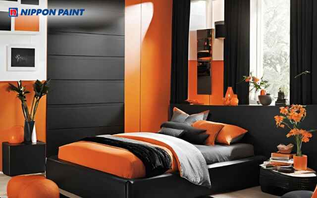 Phòng ngủ màu cam và đen trang trí rèm cửa và thảm hài hòa, tạo không gian riêng biệt