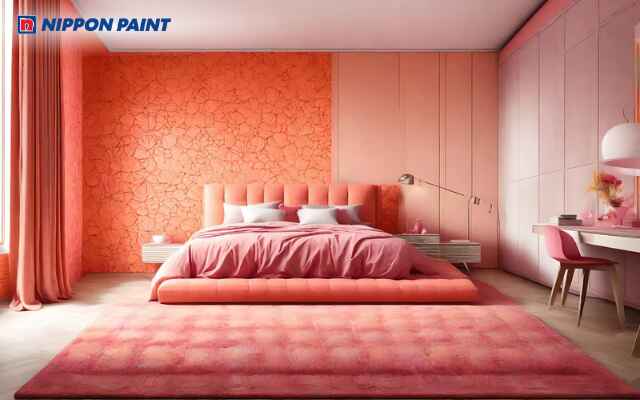 Phòng ngủ màu cam đào trang trí phụ kiện gỗ sáng tạo cảm giác thư giãn, gần gũi