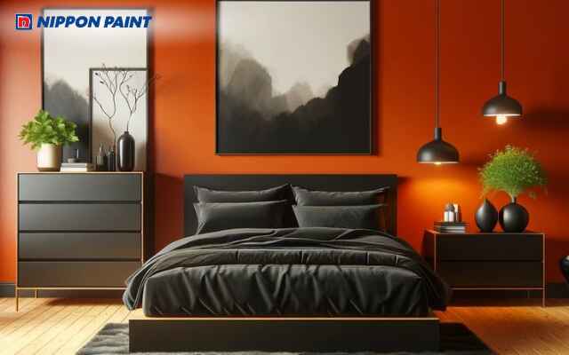 Mẫu phòng ngủ cam và đen nổi bật với ga gối và nội thất tạo hiệu ứng tương phản đẹp mắt