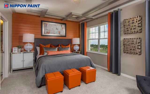 Mẫu phòng ngủ cam và xám nổi bật với nội thất hài hòa, tạo điểm nhấn tinh tế