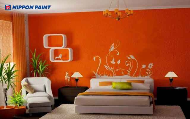 Phòng ngủ thiết kế hiện đại với màu cam đậm làm điểm nhấn chủ đạo cho không gian