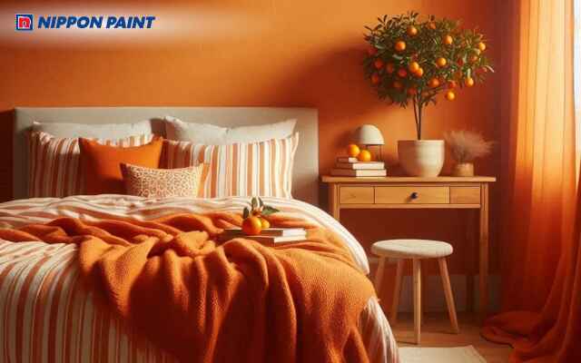 Phòng ngủ cam trung tính tạo cảm giác dễ chịu, thoải mái