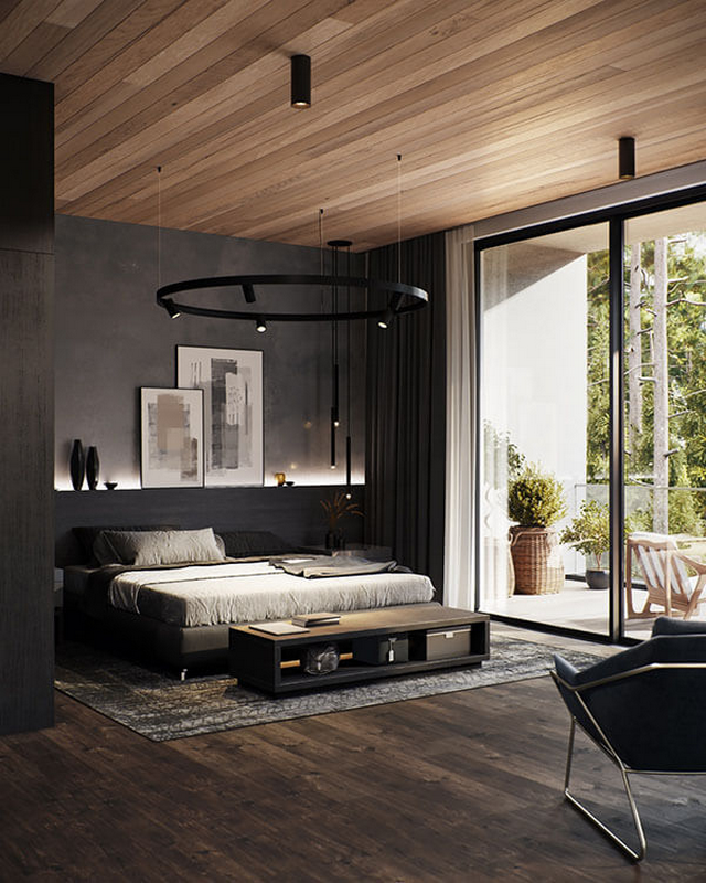 Ý tưởng thiết kế phòng ngủ sơn màu đen kết hợp phụ kiện màu gỗ