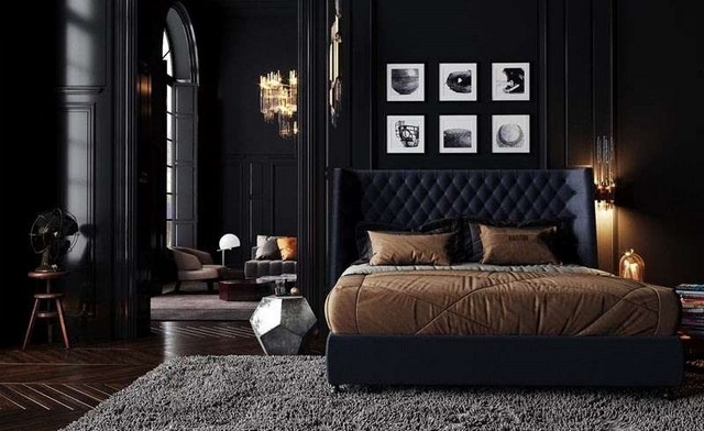 Thiết kế phòng ngủ sơn màu xanh đen