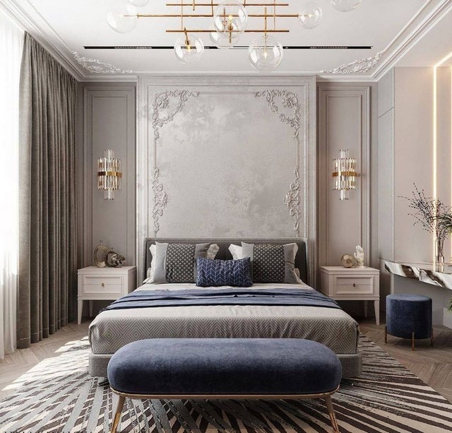 Phòng ngủ màu xám theo phong cách cổ điển