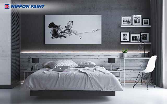 Phòng ngủ xám phong cách hiện đại phối hợp ánh sáng vàng tạo điểm nhấn ấm áp