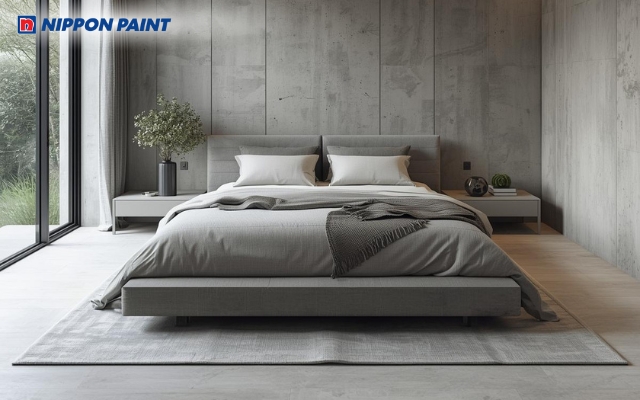 Sơn phòng ngủ màu xám xi măng đơn giản, hiện đại