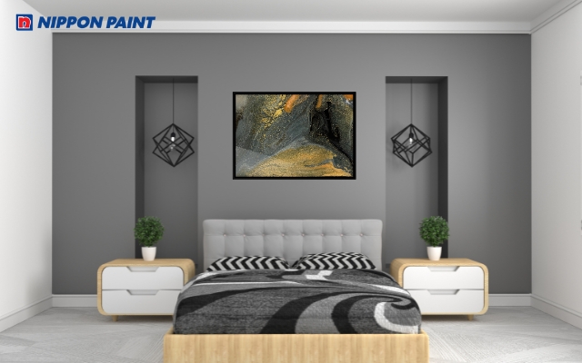 Thiết kế phòng ngủ xám ghi độc đáo với tranh treo tường và nội thất tối giản