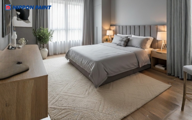 Phòng ngủ xám ghi hài hòa cùng thảm trải sàn và rèm cửa sáng màu