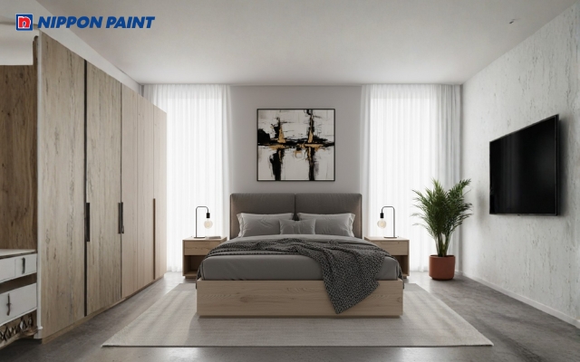 Phòng ngủ màu xám ghi nổi bật với giường và tủ gỗ sáng hiện đại