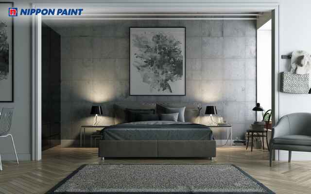 Thiết kế xám xi măng mạnh mẽ với giường gỗ và đèn trang trí tinh tế