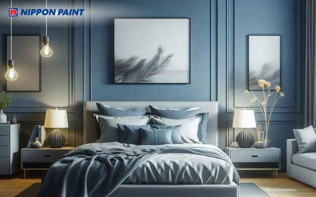 Phòng ngủ xám xanh hài hòa cùng thảm trải sàn và gối trang trí xanh nhạt