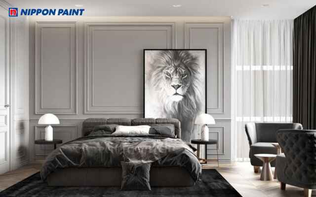 Thiết kế xám tân cổ điển hài hòa với tường sơn nhạt và nội thất gỗ cao cấp