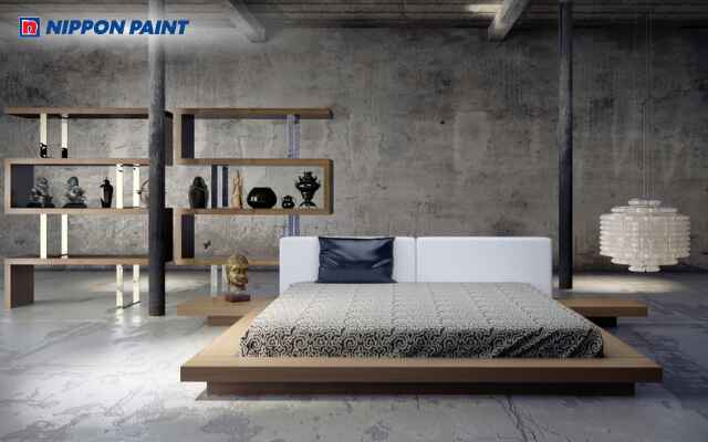 Phòng ngủ xám xi măng phối hợp phụ kiện nội thất sáng màu tạo điểm nhấn