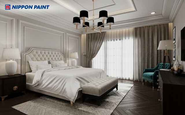 Gam xám tân cổ điển kết hợp phụ kiện sang trọng và rèm cửa mỏng tinh tế