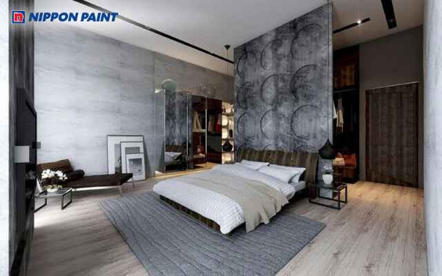 Không gian xám xi măng kết hợp sàn gỗ sáng và rèm cửa trắng hài hòa