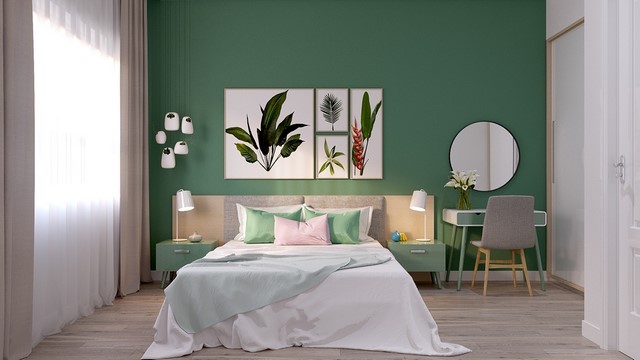 Sơn phòng ngủ màu xanh lá kết hợp trang trí độc đáo