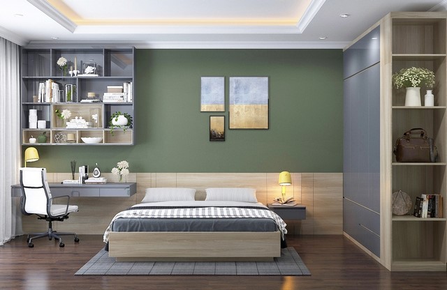 mẫu sơn phòng ngủ màu xanh lá đậm