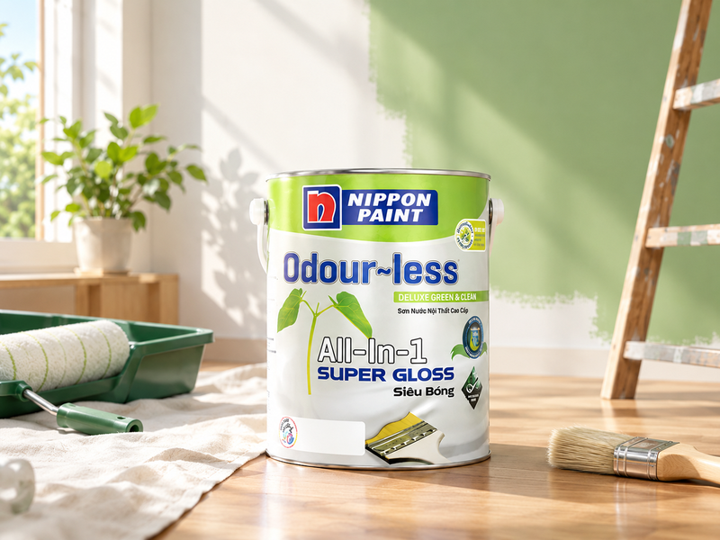 Sơn Nippon Paint Odour-less All-in-1 Siêu Bóng giúp tường nhà luôn sáng bóng và chịu chùi rửa vượt trội