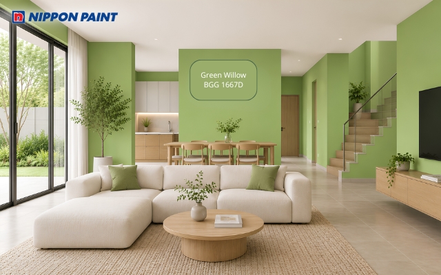 Xanh olive nhẹ tạo điểm nhấn tự nhiên cho không gian