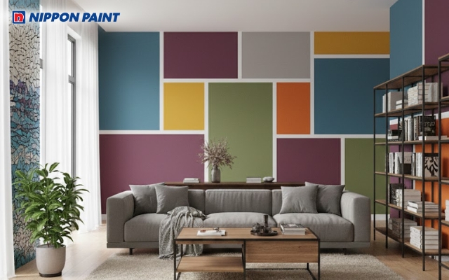 Phòng khách sơn tường theo hình tổng hợp độc đáo