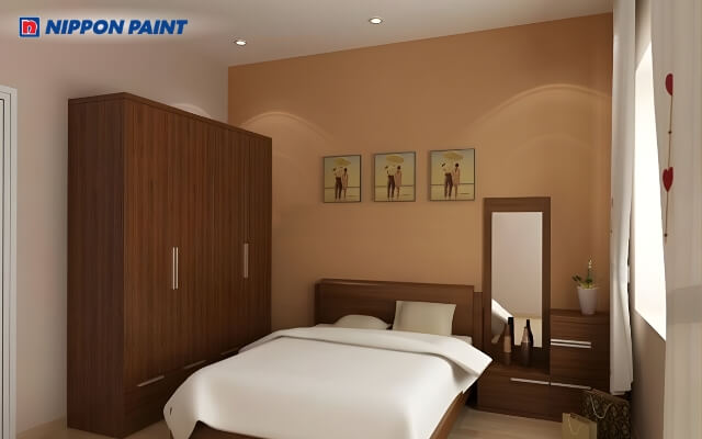 Nội thất phòng ngủ gam nâu đất, kết hợp ga gối sáng màu, hài hòa và tinh tế