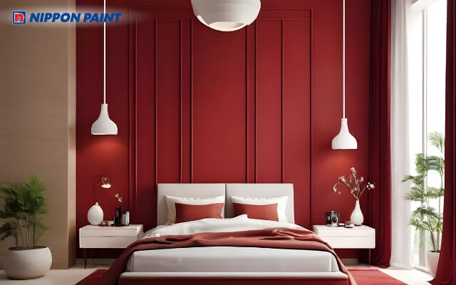 Phòng ngủ gam màu đỏ, ga gối trắng, tạo cảm giác sang trọng và ấm áp