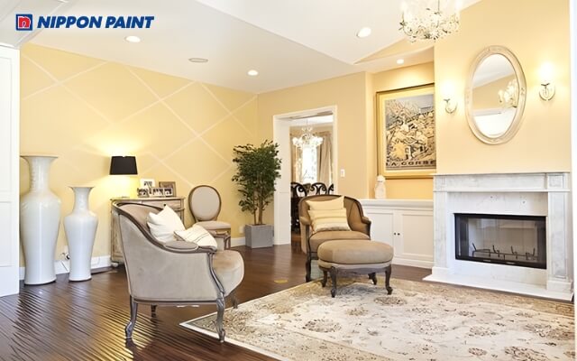 Không gian phòng khách với đèn, tường hoặc tranh vàng nhạt, tăng năng lượng tích cực