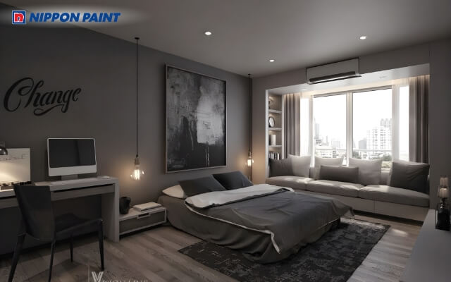 Phòng ngủ màu đen làm điểm nhấn, sofa có màu xám nhẹ, cân bằng phong thủy