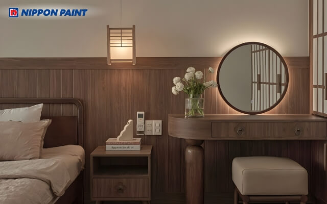 Tường và bàn trang điểm có nâu, chi tiết trắng, nâng cao uy tín và địa vị