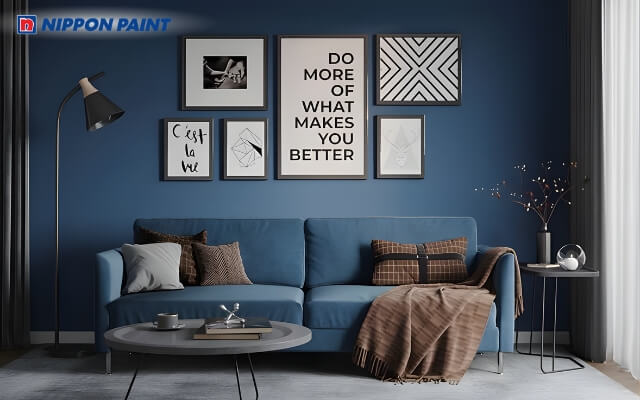 Tường phòng khách xanh dương, phối nội thất xám hoặc bạc