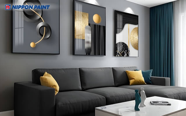 Phòng khách có tone đen chủ đạo, kết hợp xanh dương, sang trọng và sâu sắc