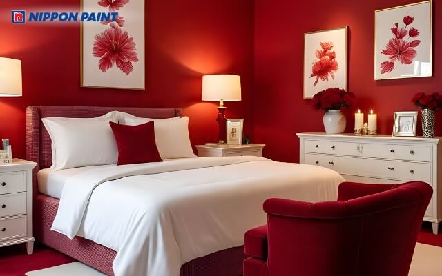 Phòng ngủ tông đỏ, ga gối trắng, ấm áp và sinh động