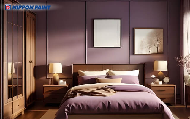 Phòng ngủ tím nhạt, nội thất màu nâu, cân bằng năng lượng Hỏa