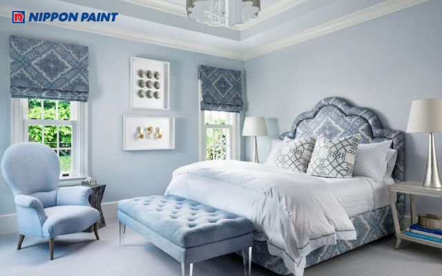 Tường xanh dương pastel phối cùng xám nhạt