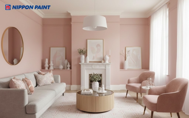Nhà sơn hồng nhạt làm chủ đạo, kết hợp trần trắng kem