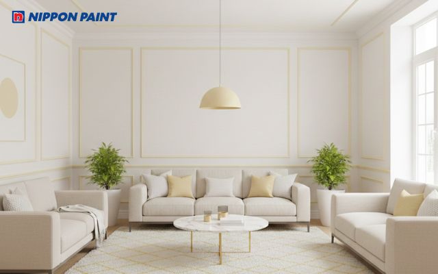 Nhà sơn trắng sữa làm chủ đạo, kết hợp trần trắng