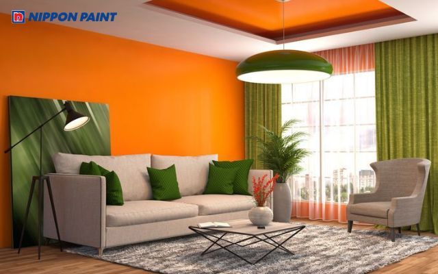 Tường cam nhạt phối cùng xanh lá nhạt