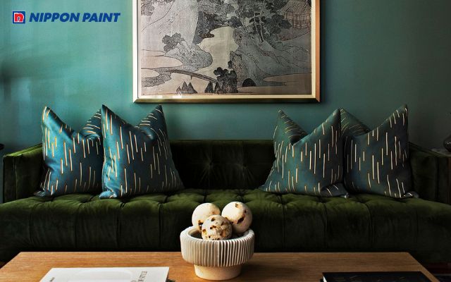 Tường xanh rêu sáng phối cùng xanh dương nhạt